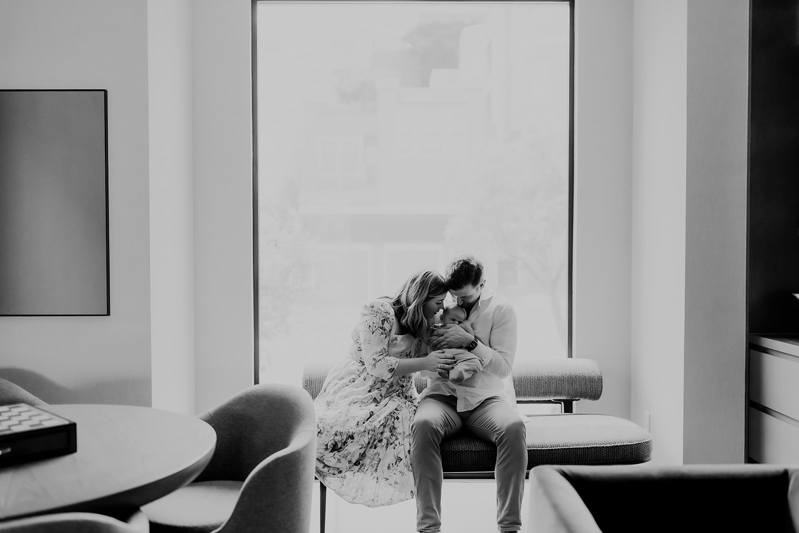Shefali Parekh | Heartwarming In-Home Newborn Session: Maggie & Alex Black in Cow Hollow, San Francisco Couple having a family moment with the newborn