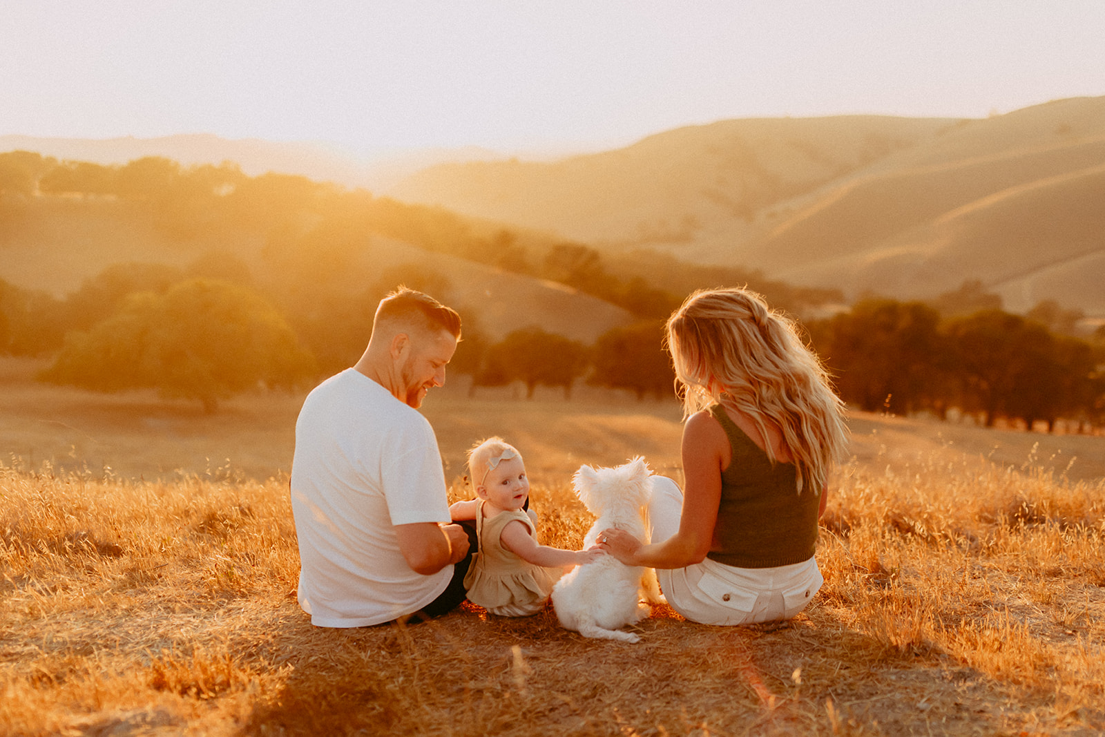 Shefali Parekh | Creating Your Family's Visual Story | Bay Area Photographer Tips Capturing everyday moments of a family of three with their dog in a hilltop field at golden hour