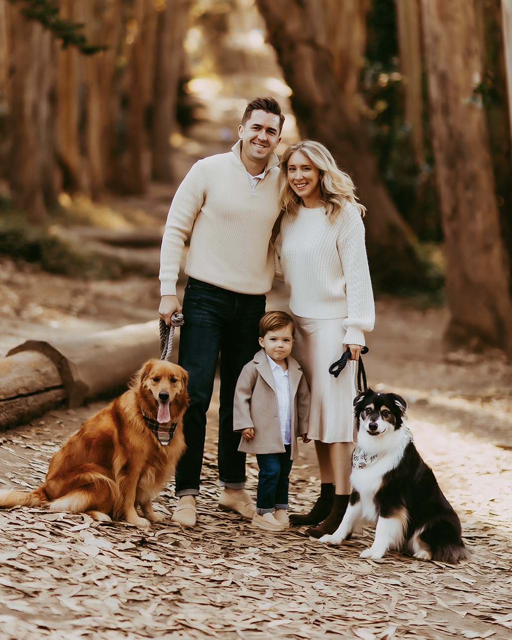 Shefali Parekh | Bay Area Fall Mini Sessions 2025 bay area family photography standing with dogs for holiday photos in san francisco