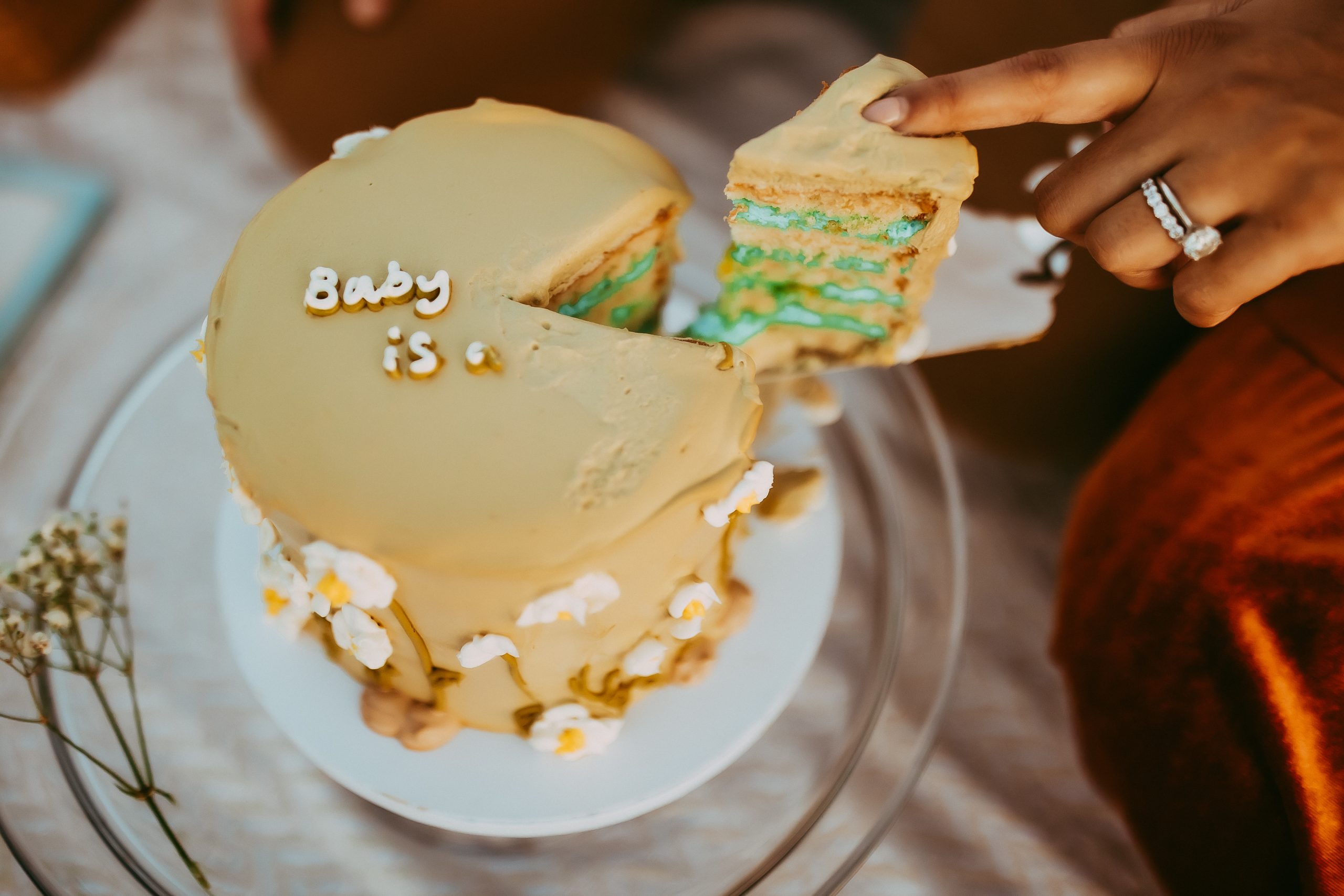 Shefali Parekh | Picnic Gender Reveal | Marin County Maternity Photographer Couple cutting blue gender reveal cake during maternity photoshoot in Marin County - it's a boy