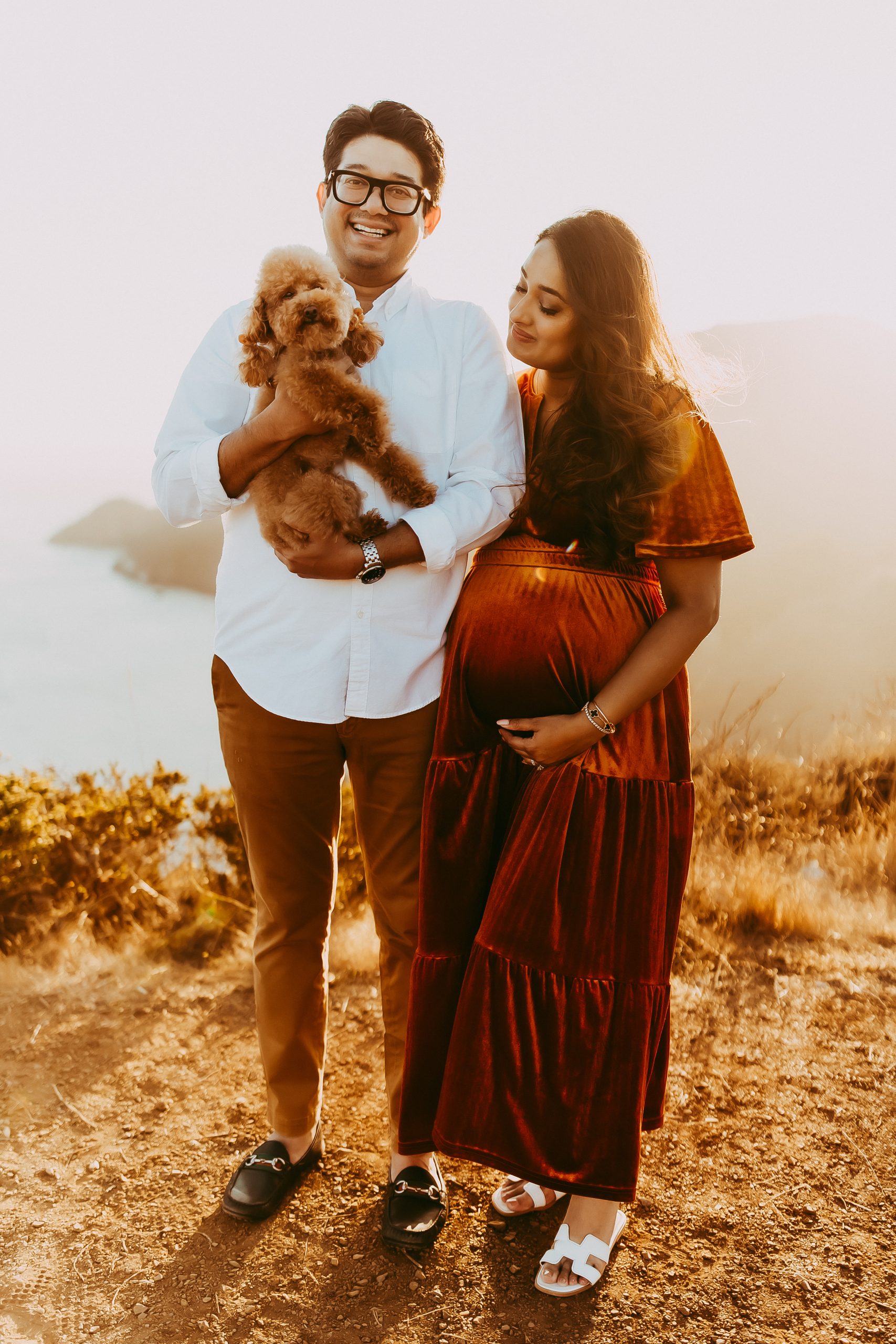 Shefali Parekh | Picnic Gender Reveal | Marin County Maternity Photographer Expecting family with dog during outdoor maternity photoshoot in Marin County, Bay Area